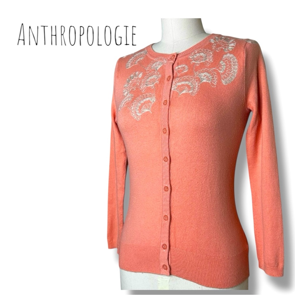 Vintage Anthropologie by Sparrow size XS peach, embroidered button-down cardigan